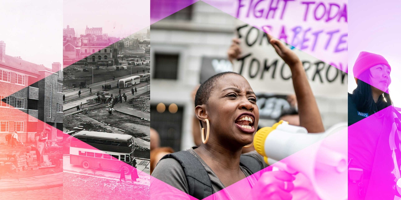 A photo collage of two black and white photographs from 1948 with one colour photograph of a woman holding a megaphone and another photograph of a female NHS worker.