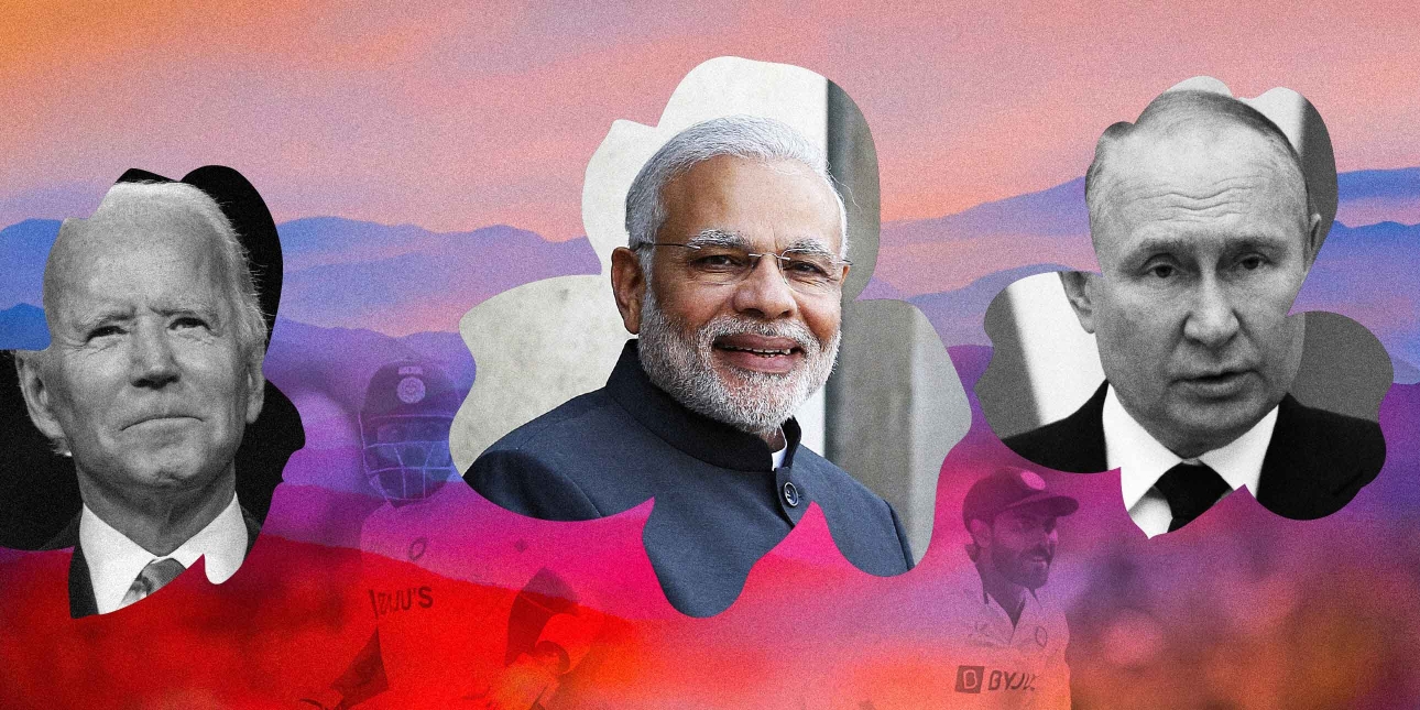 Photos of Joe Biden, Narendra Modi, Vladimir Putin and Virat Kohli and Ravindra Jadeja playing cricket at the at Narendra Modi Stadium