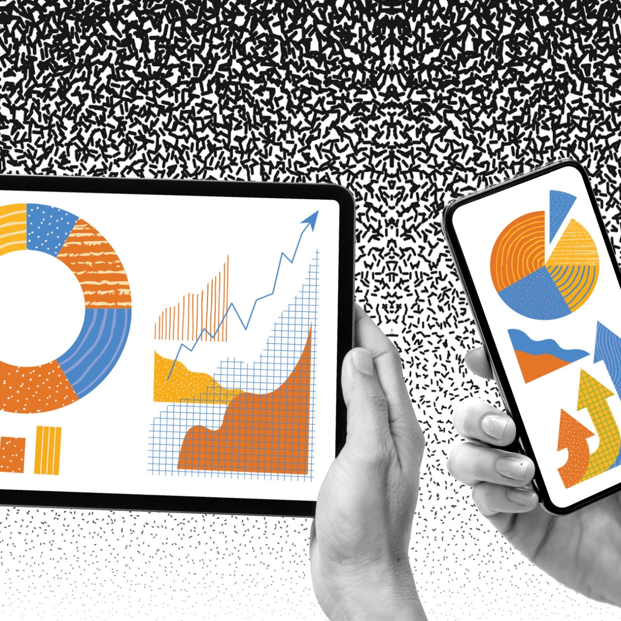 A pair of hands holding a tablet containing graphs and charts and a hand holding a mobile phone containing graphs and charts