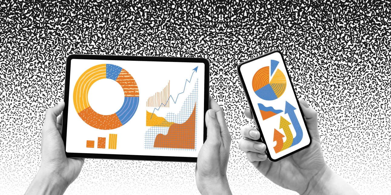 A pair of hands holding a tablet containing graphs and charts and a hand holding a mobile phone containing graphs and charts
