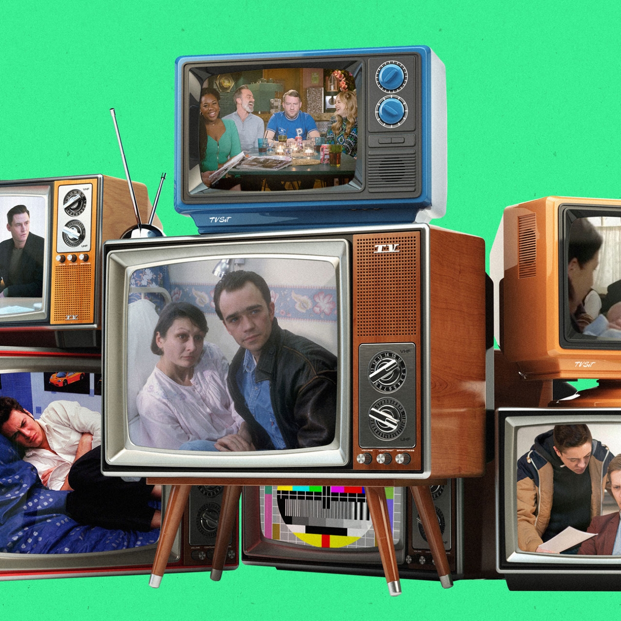 Collection of six old fashioned televisions containing images from TV soaps.