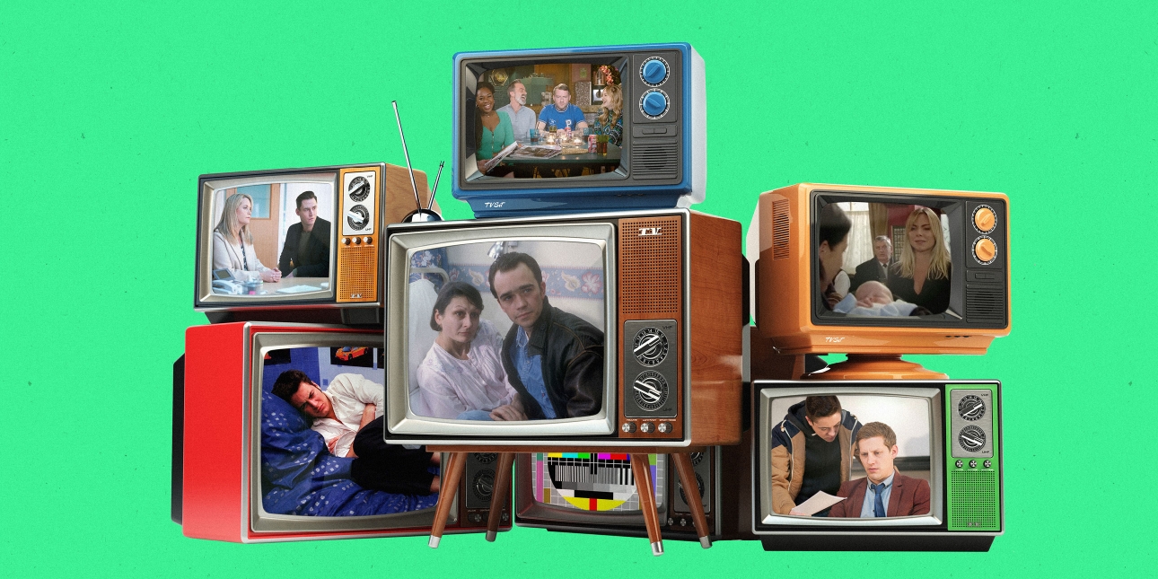 Collection of six old fashioned televisions containing images from TV soaps.