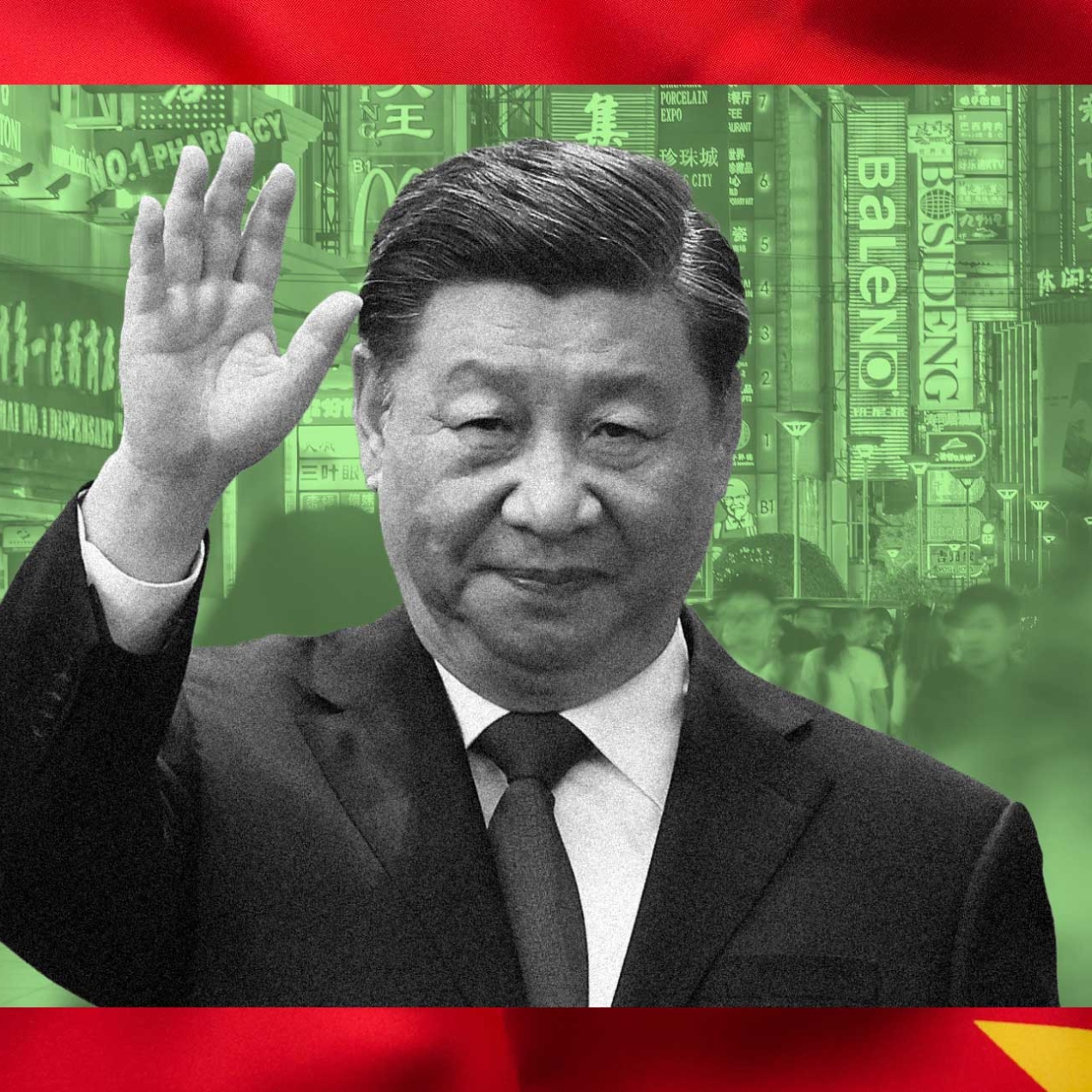 Black and white photograph of Xi Jinping in front of a photograph of a busy Shopping Street in Shanghai, China.