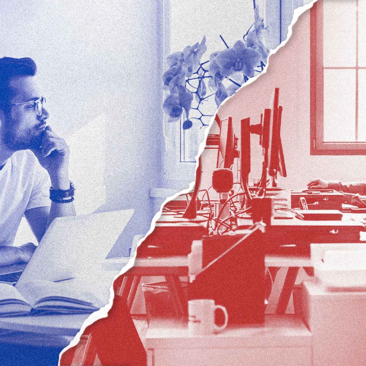 Image torn in half through the centre. On the left side of the image is a worker sat alone at a desk. On the right are three workers sat next to each other in an office.