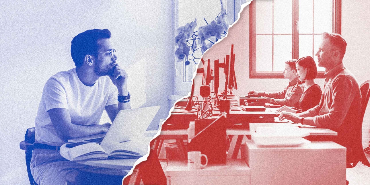 Image torn in half through the centre. On the left side of the image is a worker sat alone at a desk. On the right are three workers sat next to each other in an office.