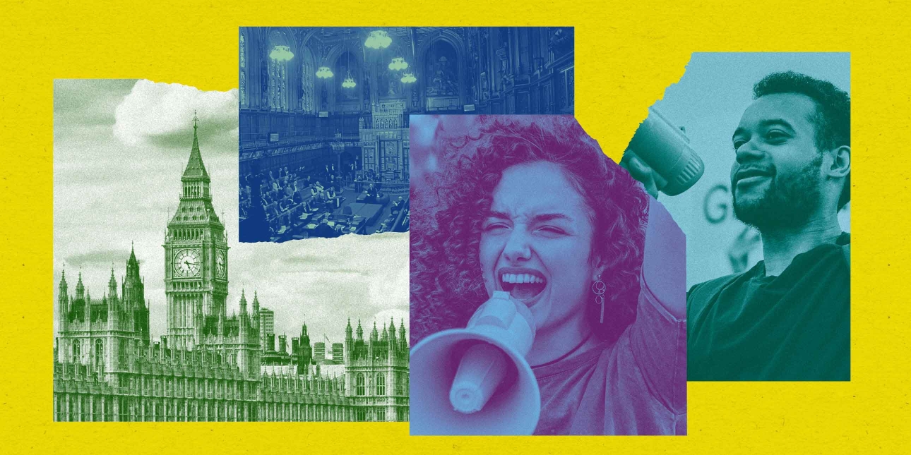 Photo collage containing images of the Houses of Parliament, the House of Lords and two activists