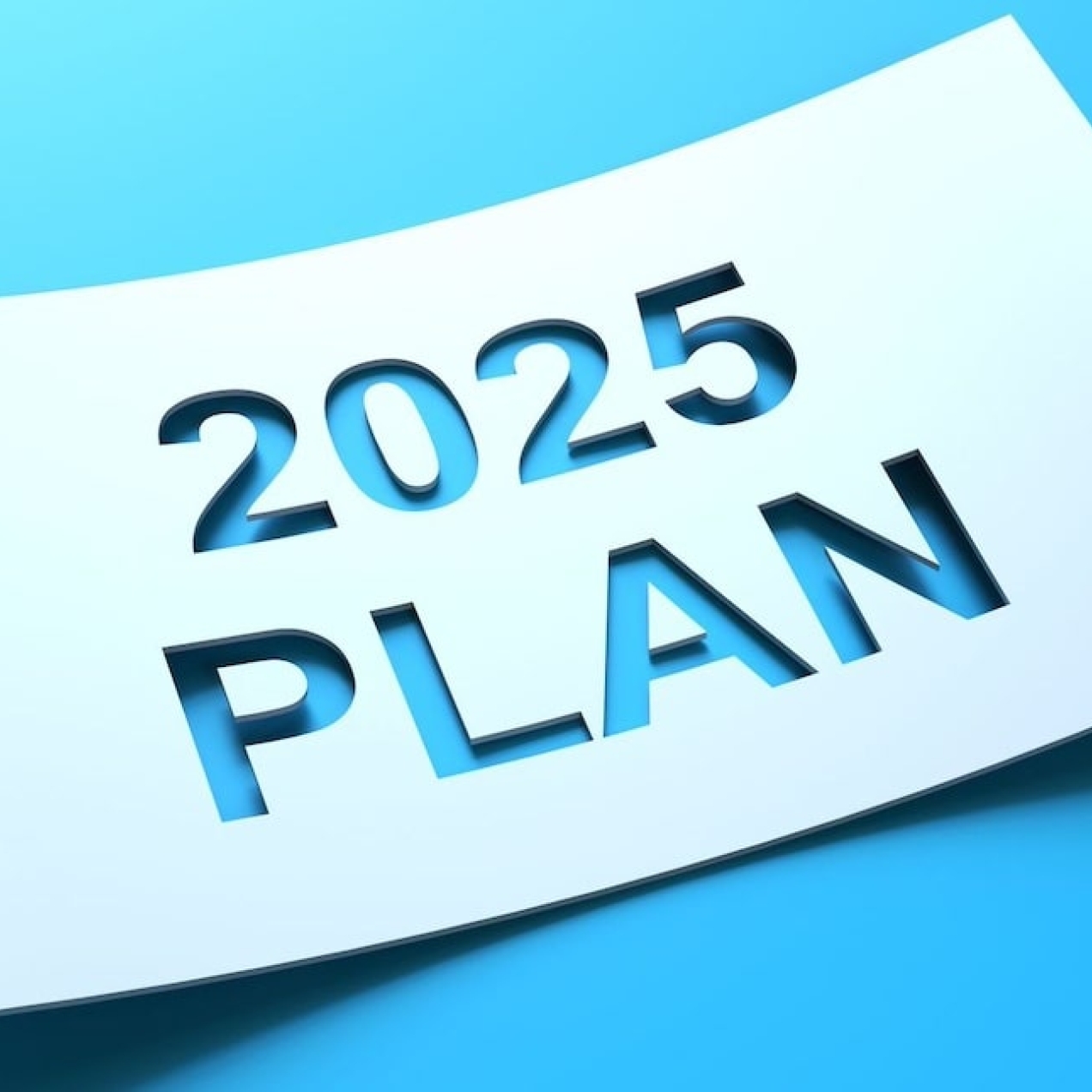 A computer generated image of the words 2025 plan cut out from a piece of white card on a blue background