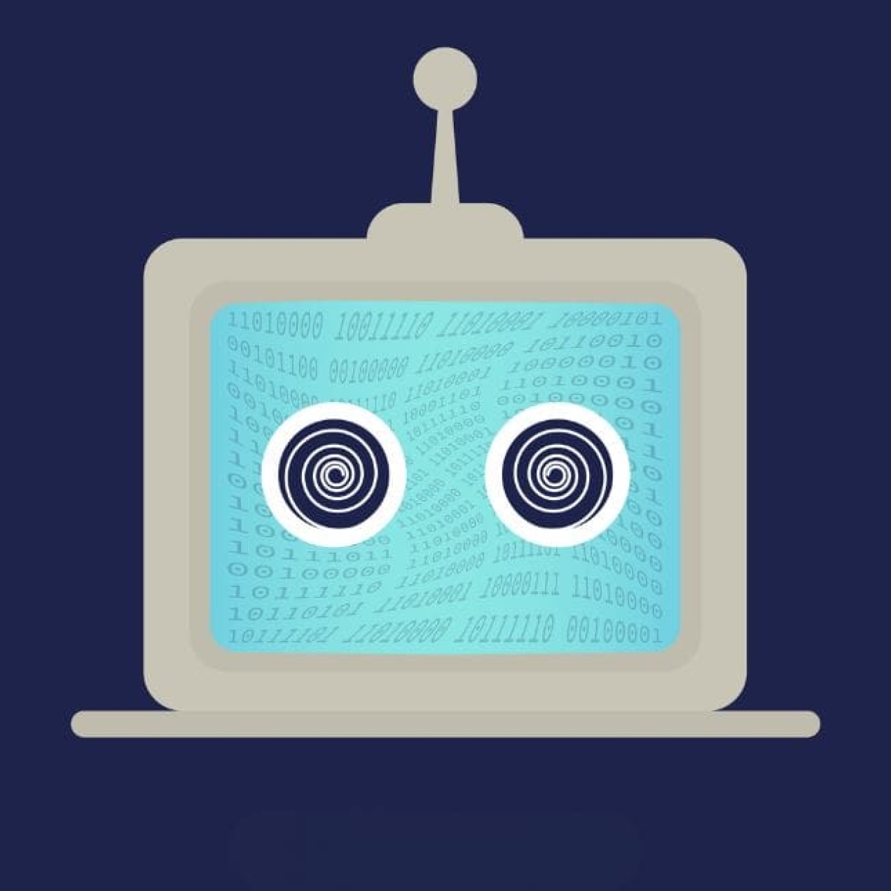 An illustration of a desktop computer. On the screen are eyes formed of two spiral circles as a metaphor for hypnotism. The background of the screen are a series of digits on wavy lines