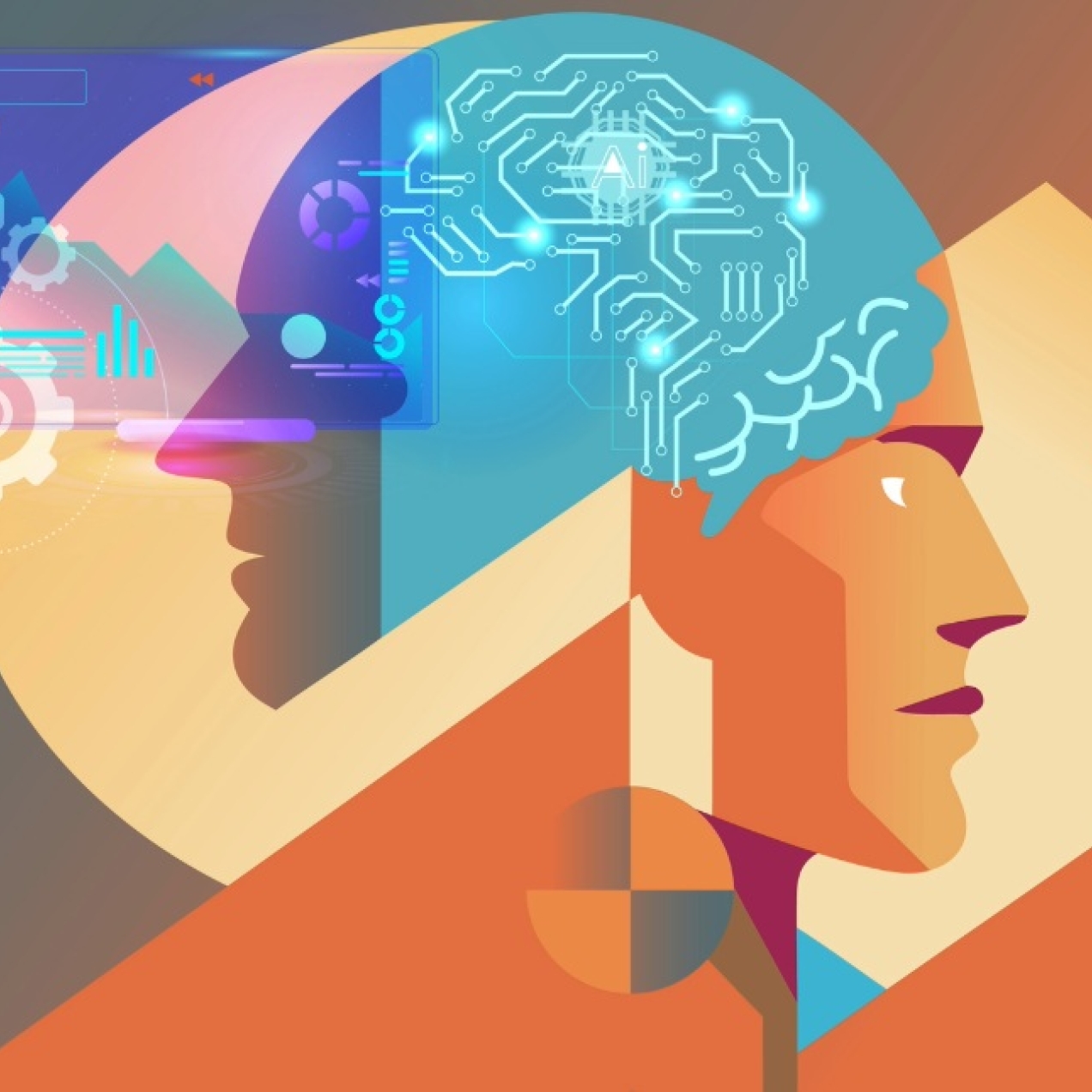 An illustration coloured in shades of orange and blue of the side profile of a humanoid robot and person.