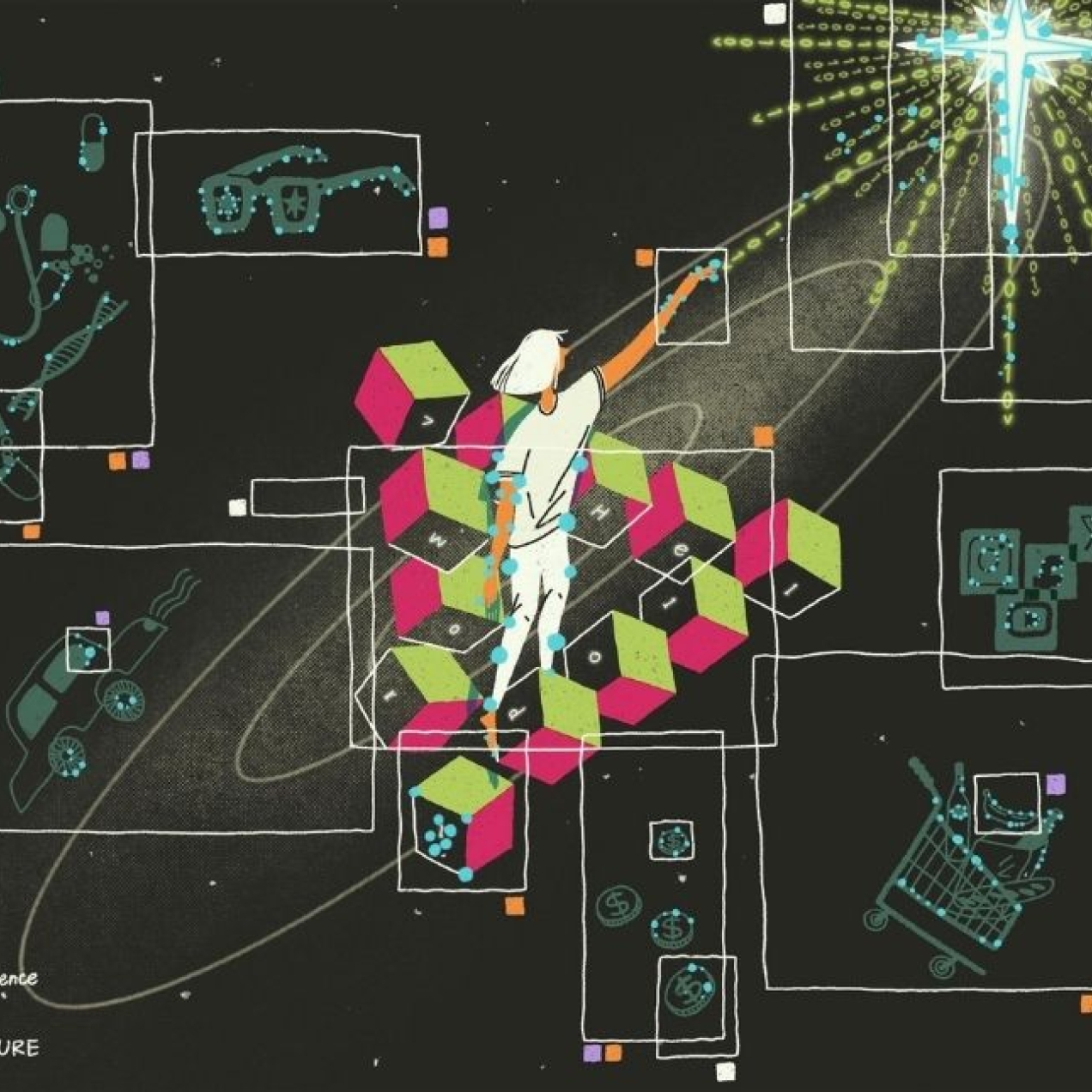 The painting shows a person standing on a staircase made of green and pink cubes, symbolising a Penrose staircase, in a cosmic environment. The person is reaching towards a glowing cross-shaped structure emitting binary code, representing AI's reach