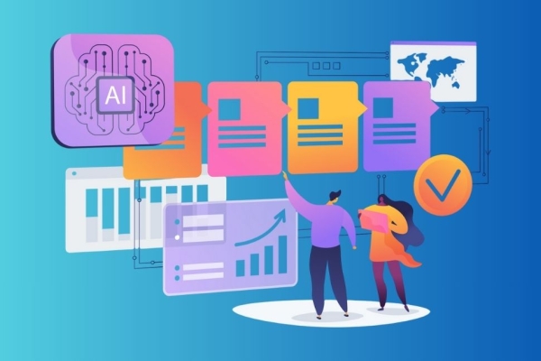 A workflow concept illustration on a turquoise background of two people looking at the word AI next to giant folder icons