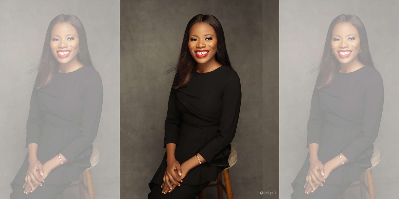 A tryptic portrait of Adedoyin Jaiyesimi sat facing the camera. Adedoyin is a Black woman with long, dark hair wearing dark clothing. The background is dark grey.