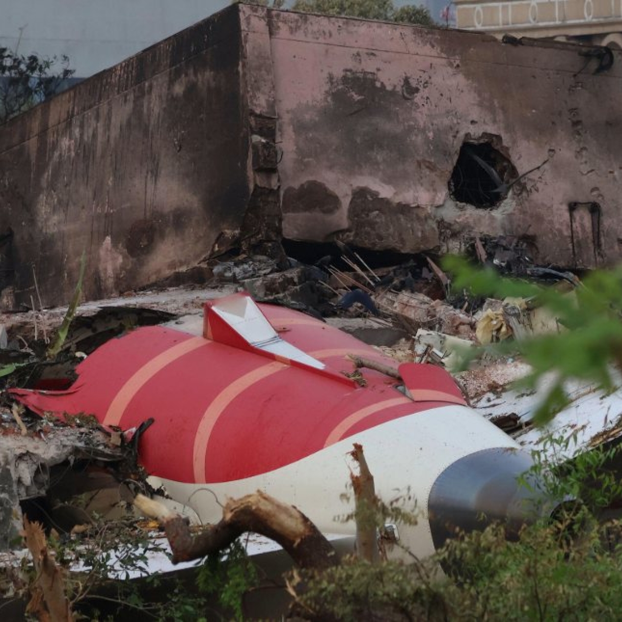 The wrecked red and white tail section of the Air India plane among trees and the side of a building.