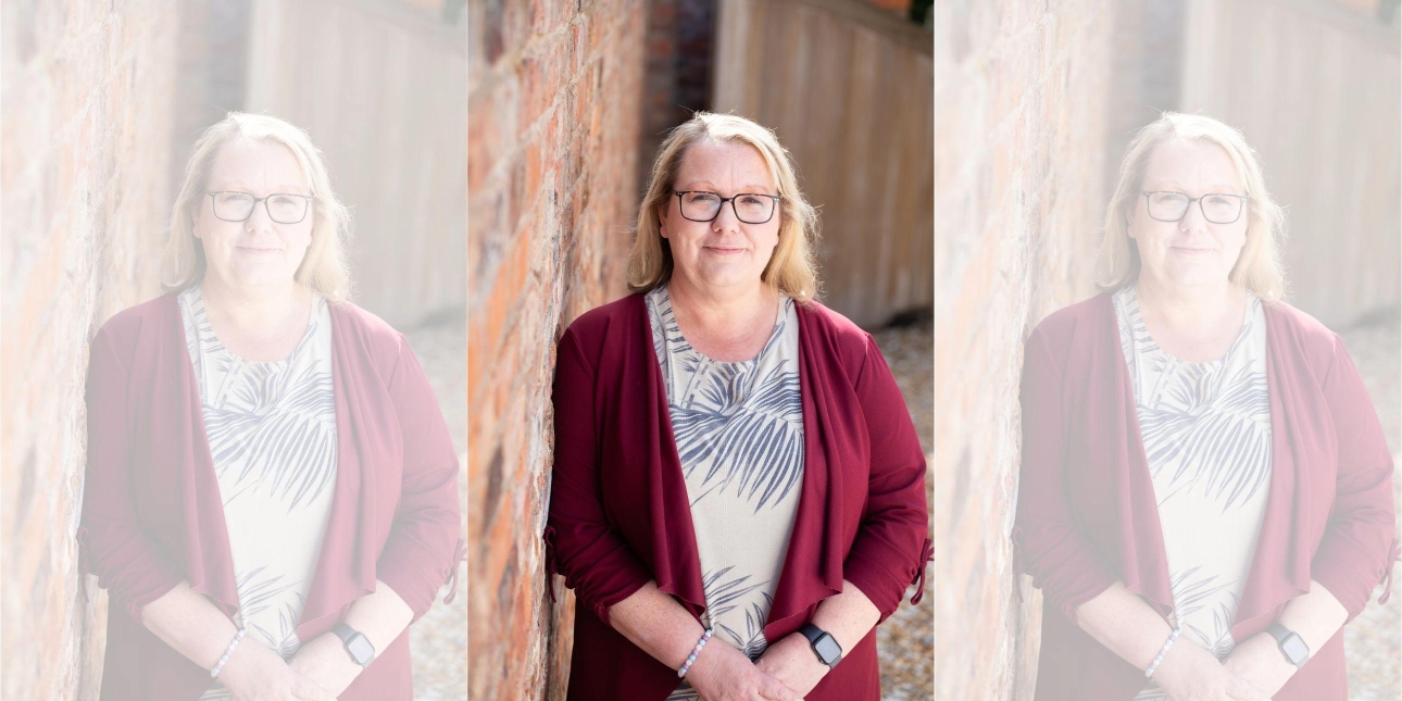 A triptych of Amanda Coleman, a white woman with blond hair and glasses is wearing a light top and a red cardigan on top