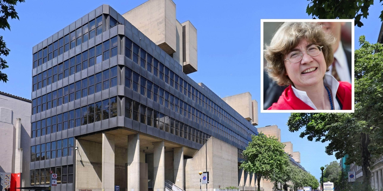 Main image is of the Brutalistic IOE building. It is formed of concrete and dark glass on a London street with a blue sky. Inset is a portrait of Anna Boccasini  who is a white woman with light brown hair, glasses and wearing a red jacket