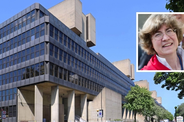 Main image is of the Brutalistic IOE building. It is formed of concrete and dark glass on a London street with a blue sky. Inset is a portrait of Anna Boccasini  who is a white woman with light brown hair, glasses and wearing a red jacket