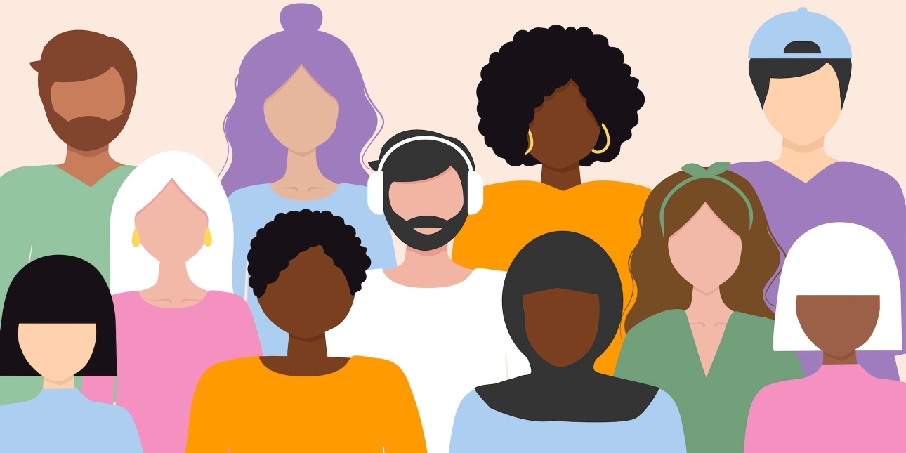 An illustration of 11 faceless people of different genders and ethnicities, wearing a variety of bright clothing to represent a range of cultural styles