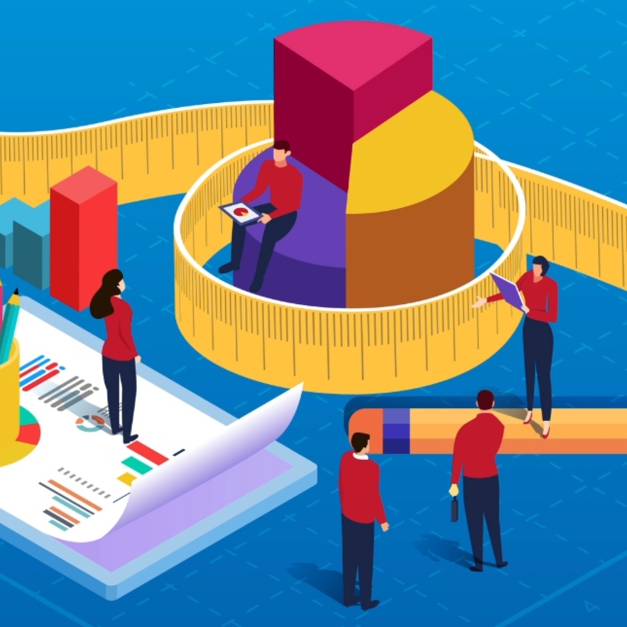 An illustration of six people assembled around life size objects including a tape measure, 3D pie chart, pencil, 3D graph, pencil holder and notebook. The background is blue.