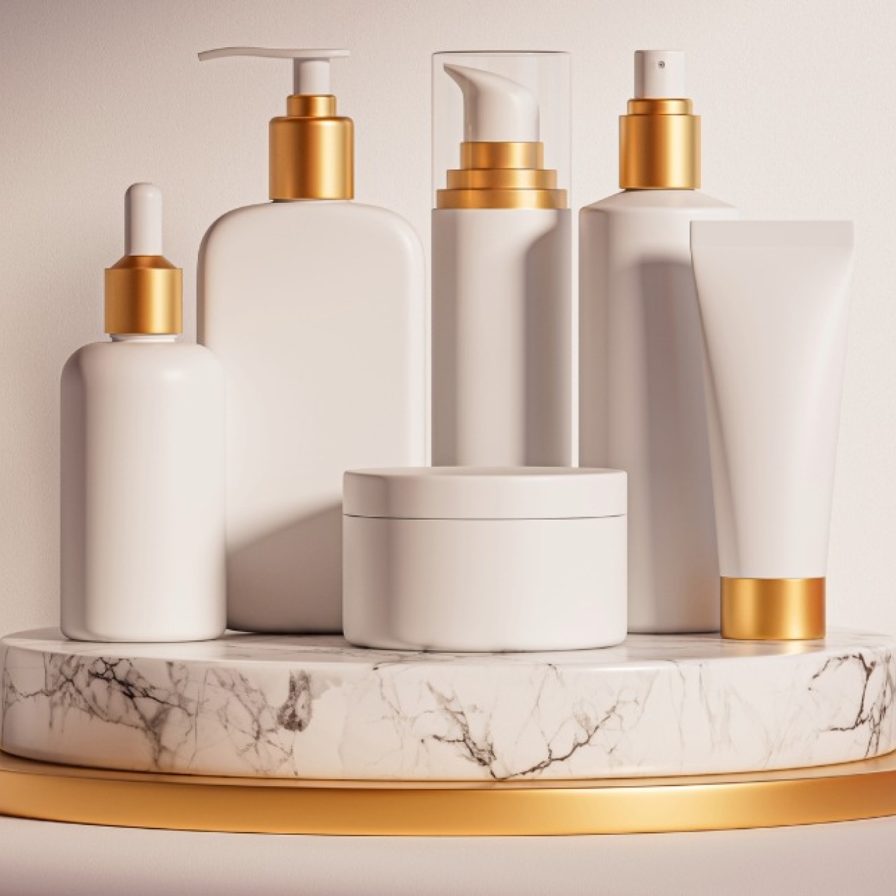 A 3D digital illustration of a set of different light coloured and gold rimmed cosmetic containers stood on marble pedestal
