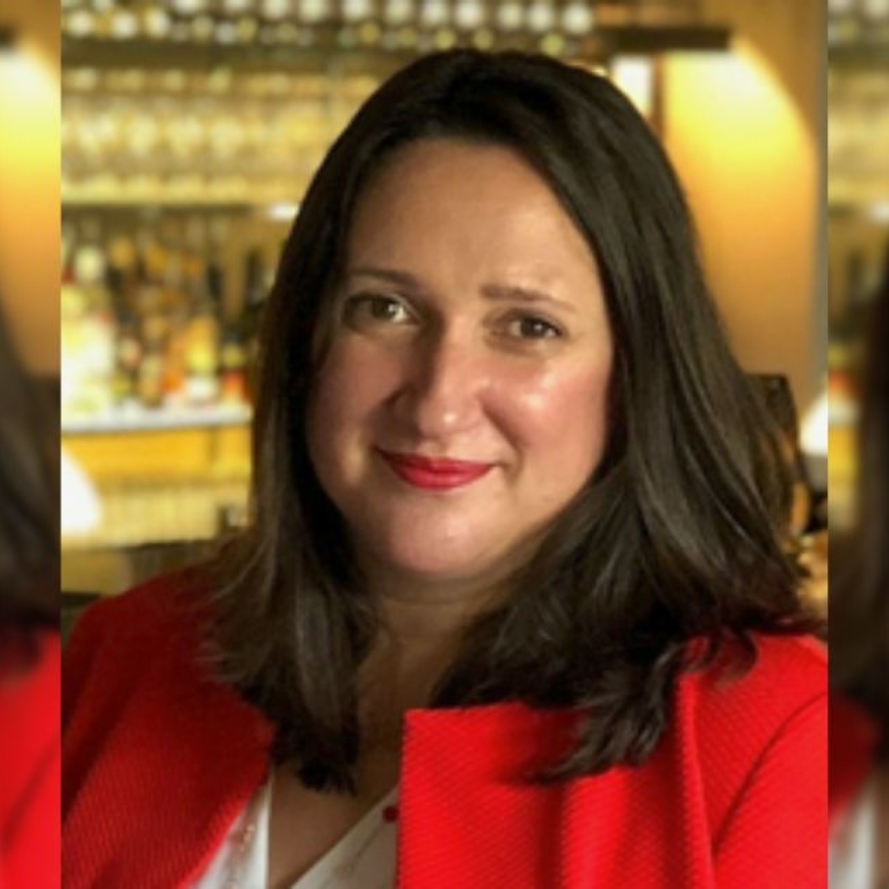 A triptych of a Beth Durham, a white woman with dark hair and a red jacket and red lipstick