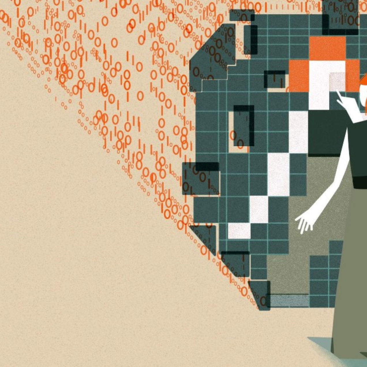 This image shows an individual with orange hair interacting with a large, abstract digital mirrored structure. The structure is composed of squares in varying shades of green, orange, white, and black which are pieced together to reflect the individu