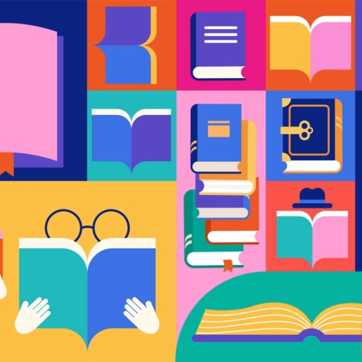 A multicoloured flat vector illustration of book covers and outlines of two people reading them