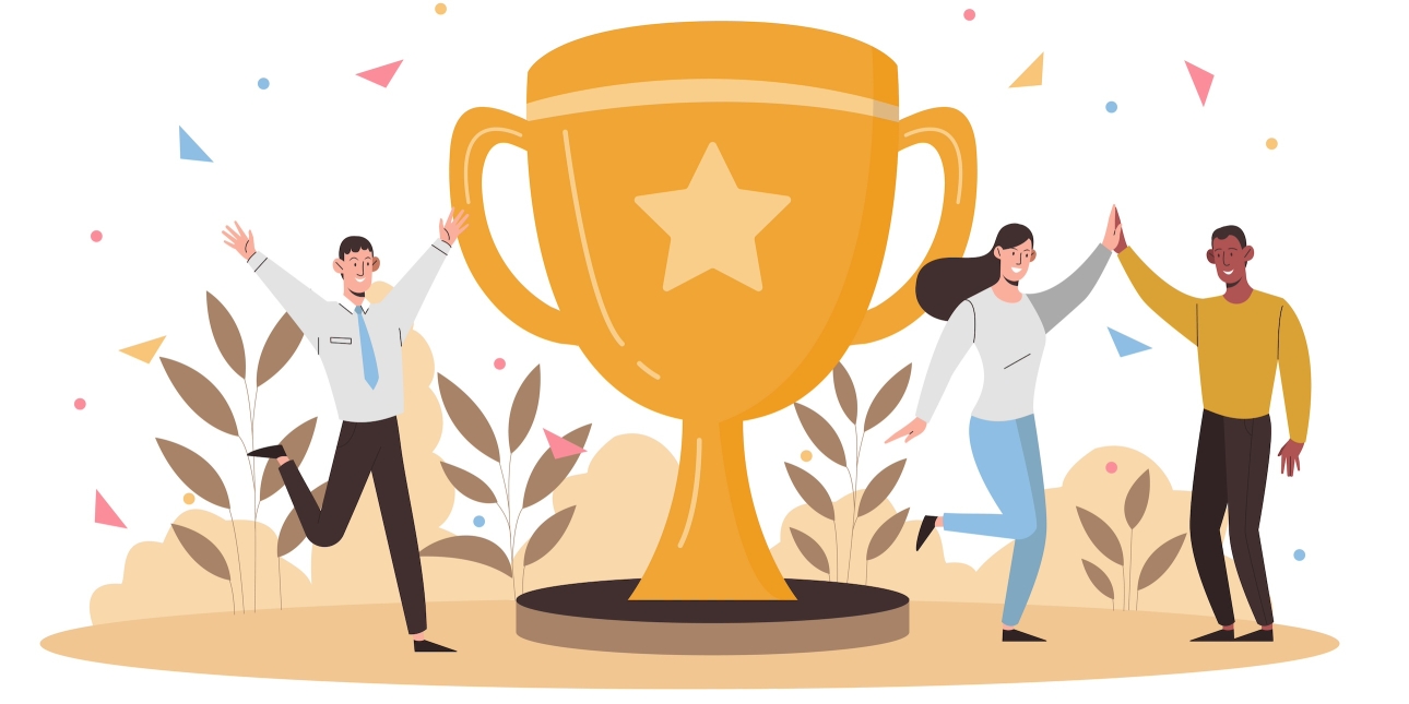 Illustration of three people with their arms raised in celebration around a life size gold trophy