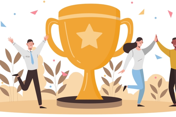 Illustration of three people with their arms raised in celebration around a life size gold trophy