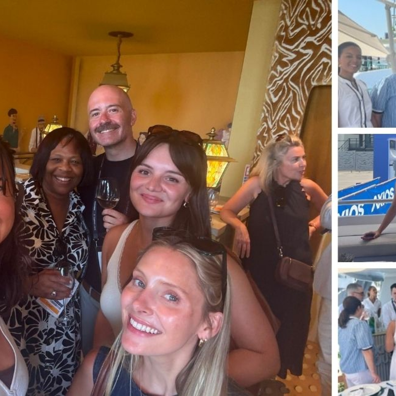 A montage of photographs showing groups of smiling people in a restaurants and onboard a yacht.