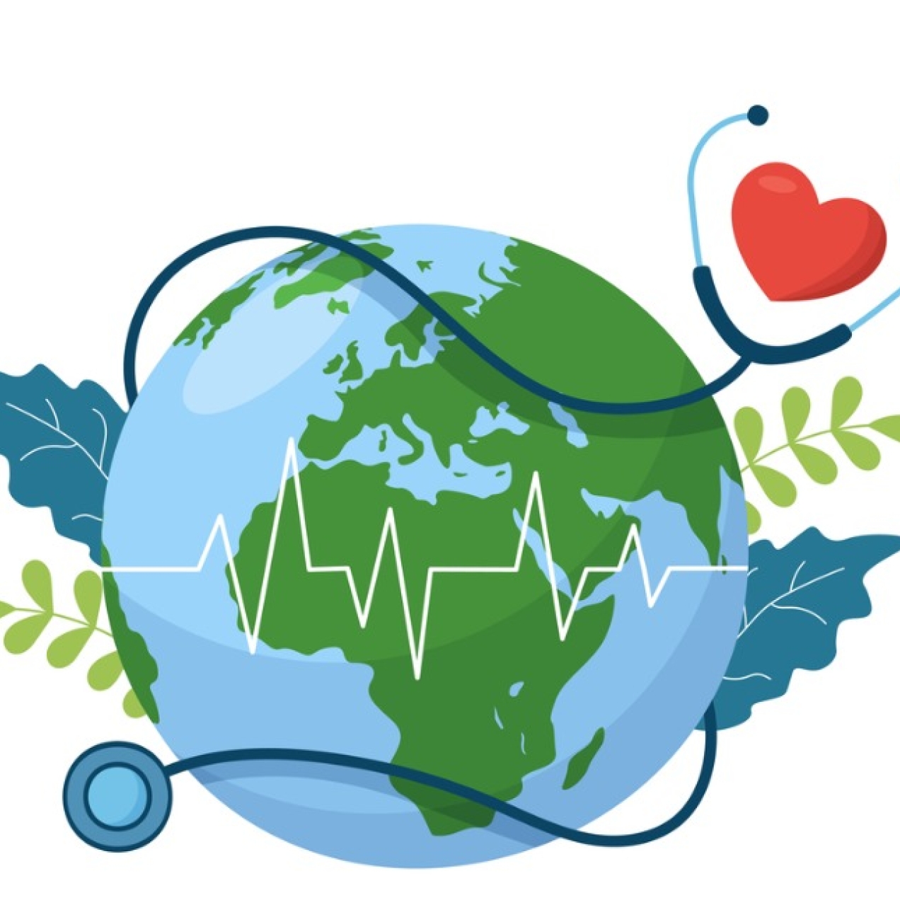 Illustration of the earth with a stethoscope wrapped round it with a red heart by the earpieces. There are leaves coming out of the sides of the globe and a medical looking heart beat graph over the earth.