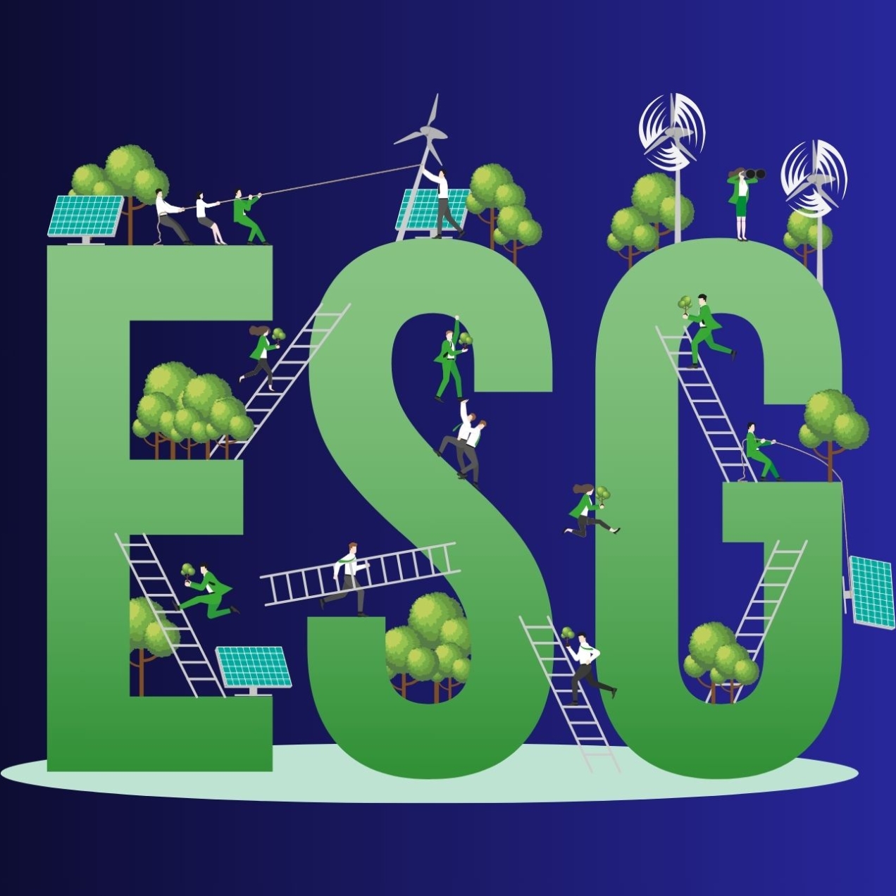 An illustration of people working while suspended on and around gigantic ESG letters. There are several ladders, solar panels and trees within the frame