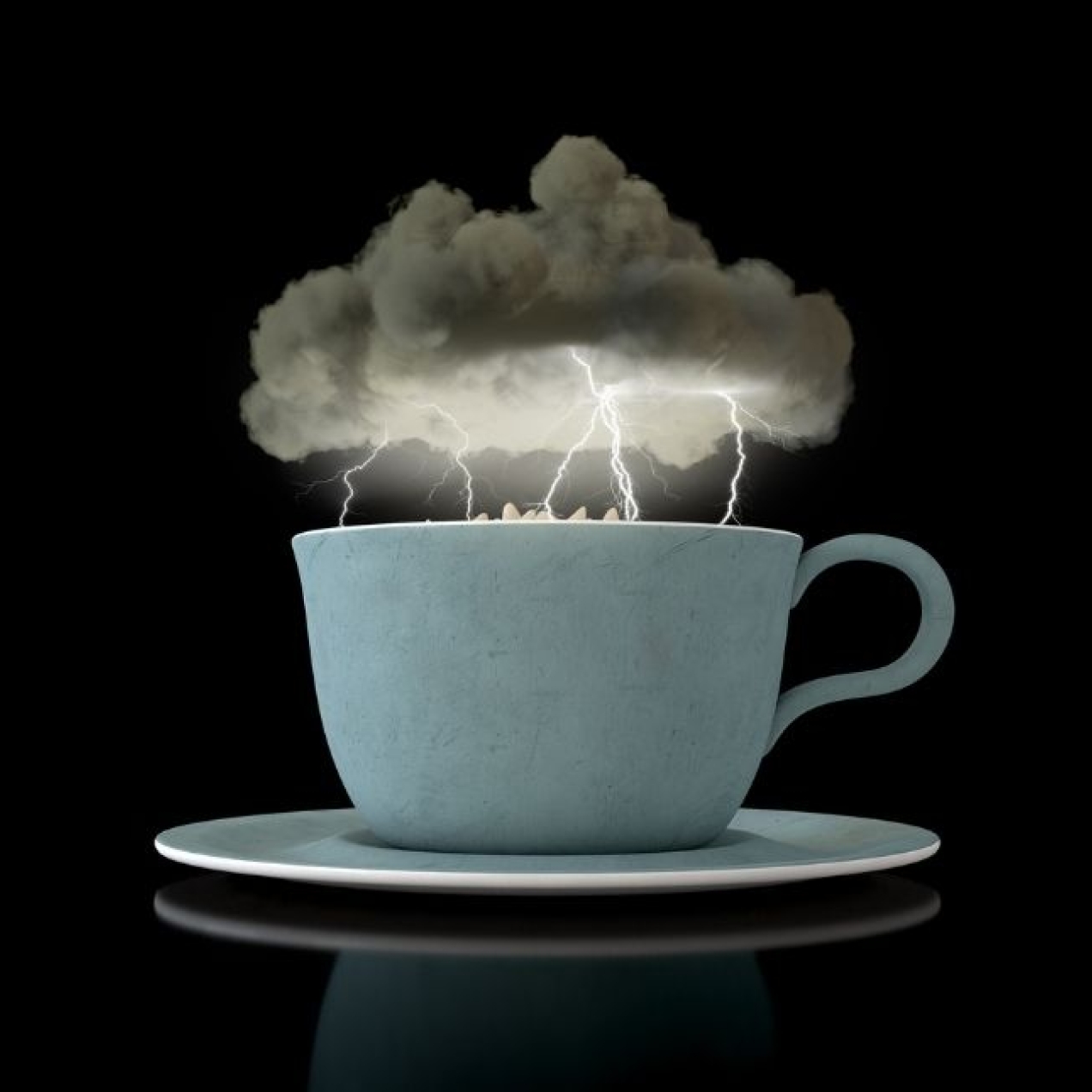 A 3D render a grey storm cloud hovering over a turbulent cup of tea in a blue cup with lightning striking. The background is black.