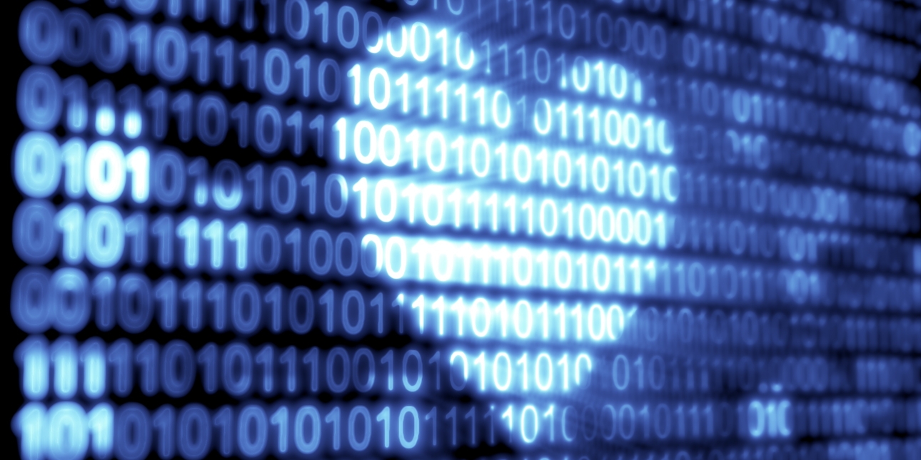 A heart shaped light is cast on a digital image composed of lines of random sequences of zeros and ones in different shads of blue on a black background