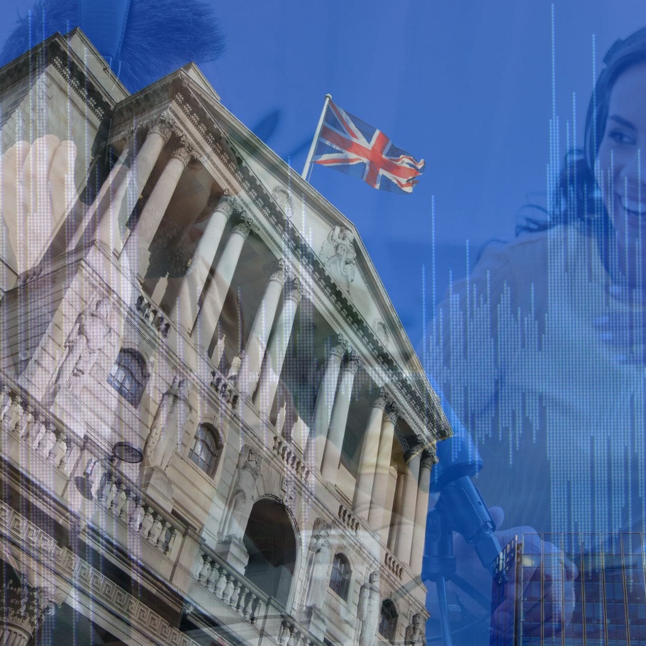 A montage of the Bank of England building, a two-person interview and soundwaves