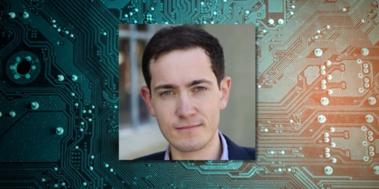 A background image of a microchip circuit board. Overlaid to the left is a square colour portrait of Ed Zitron. He is a white man with short dark hair.