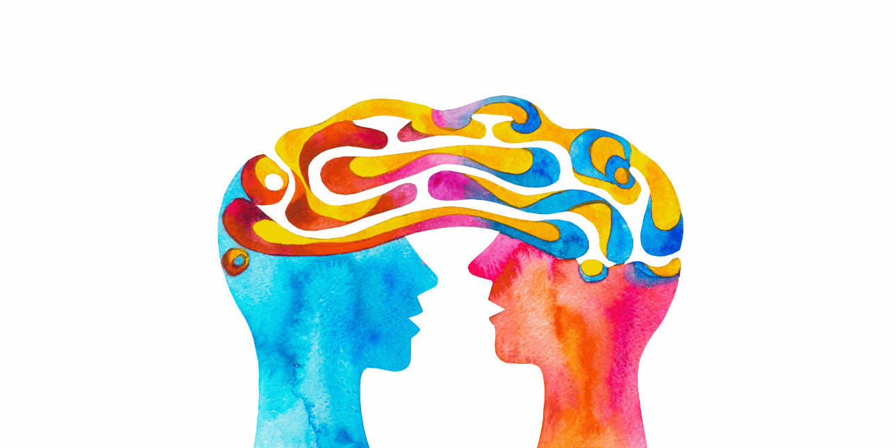Abstract illustration of the side profiles of a blue and orange head facing each other. There is a multicoloured series of brushstrokes joining them together from the crowns of their heads