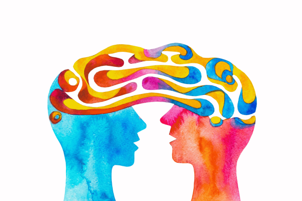 Abstract illustration of the side profiles of a blue and orange head facing each other. There is a multicoloured series of brushstrokes joining them together from the crowns of their heads