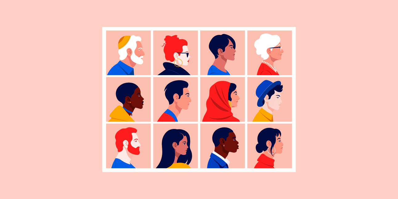 An illustration of a grid of 12 side profile heads of people of different gender, age, race, ethnicities, religions and culture dress. The background is pink.