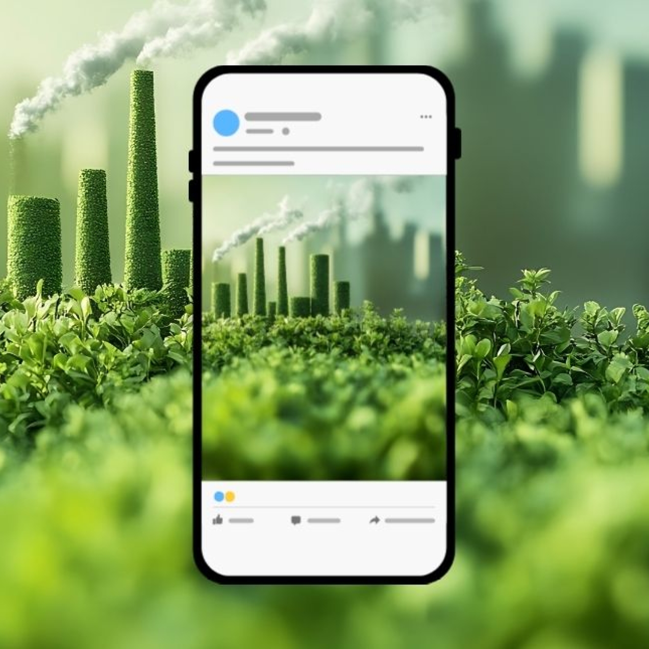 A rendered image of power station-shaped topiary. The same image is repeated on a mobile phone social media screen in the centre of the image.