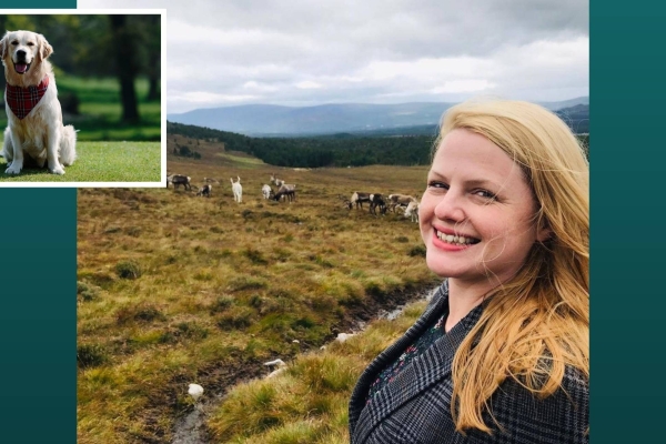 A composite image. Main images is of a smiling Erin Hickey, a white woman with blonde hair, takes a selfie in the midst of green mountainous countryside. In the distance to the left is a heard of stags. The inset is of a golden retriever on grass wit