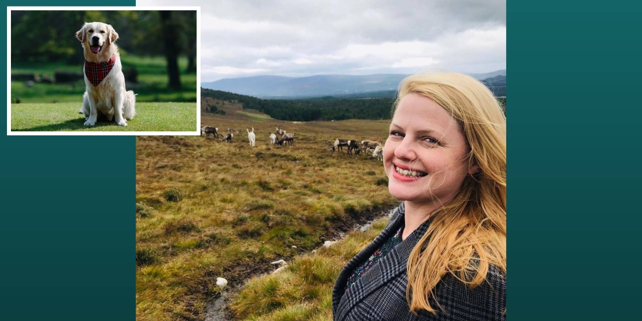 A composite image. Main images is of a smiling Erin Hickey, a white woman with blonde hair, takes a selfie in the midst of green mountainous countryside. In the distance to the left is a heard of stags. The inset is of a golden retriever on grass wit