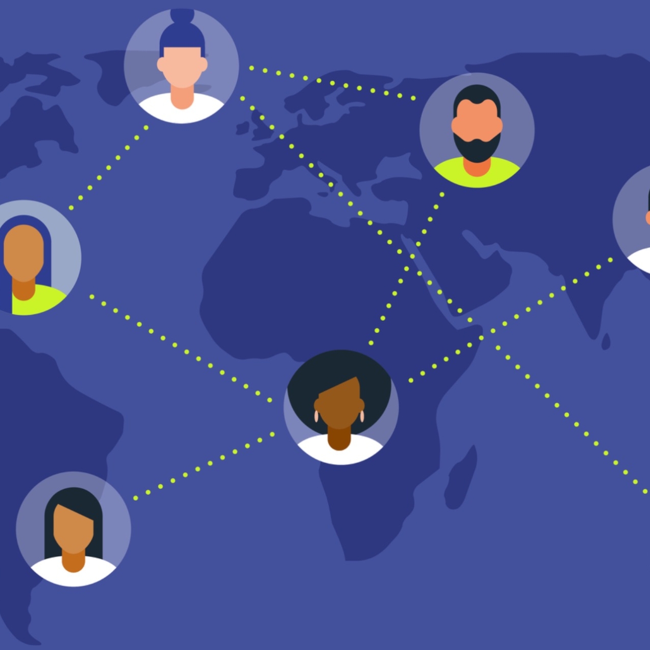 Illustration of circular cut outs of seven heads of different genders and ethnicities overlaid across different locations on a map of the world, with dotted lines connecting them