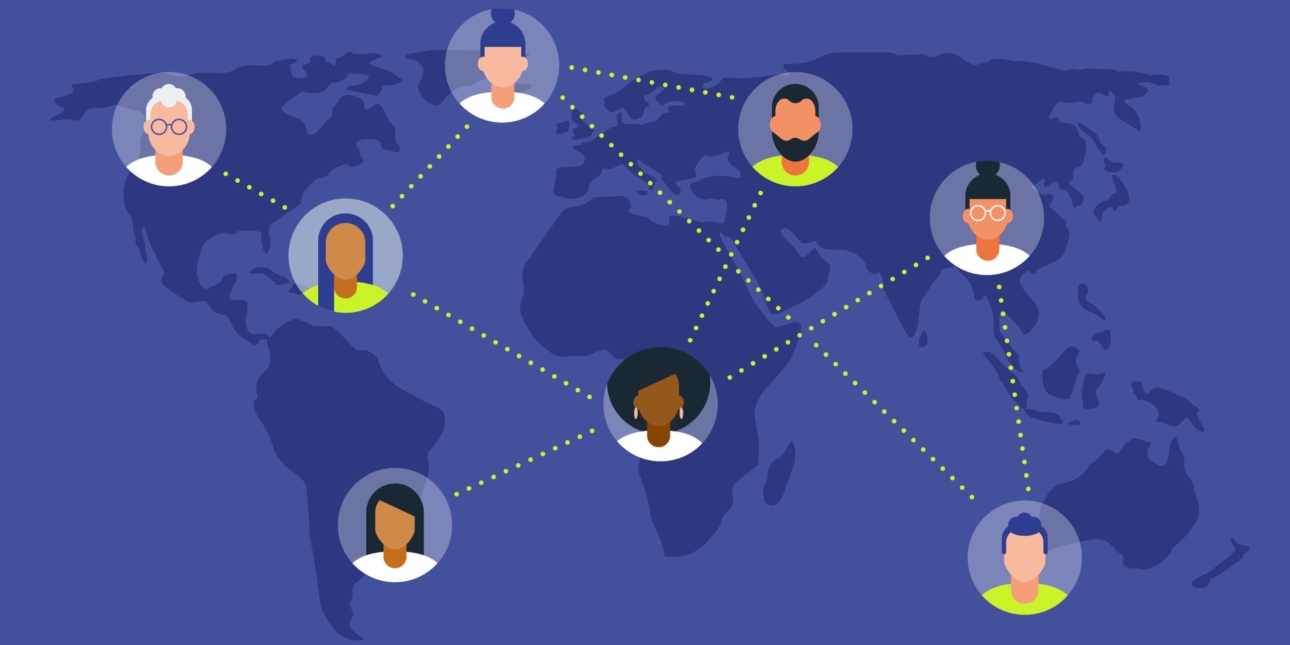 Illustration of circular cut outs of seven heads of different genders and ethnicities overlaid across different locations on a map of the world, with dotted lines connecting them
