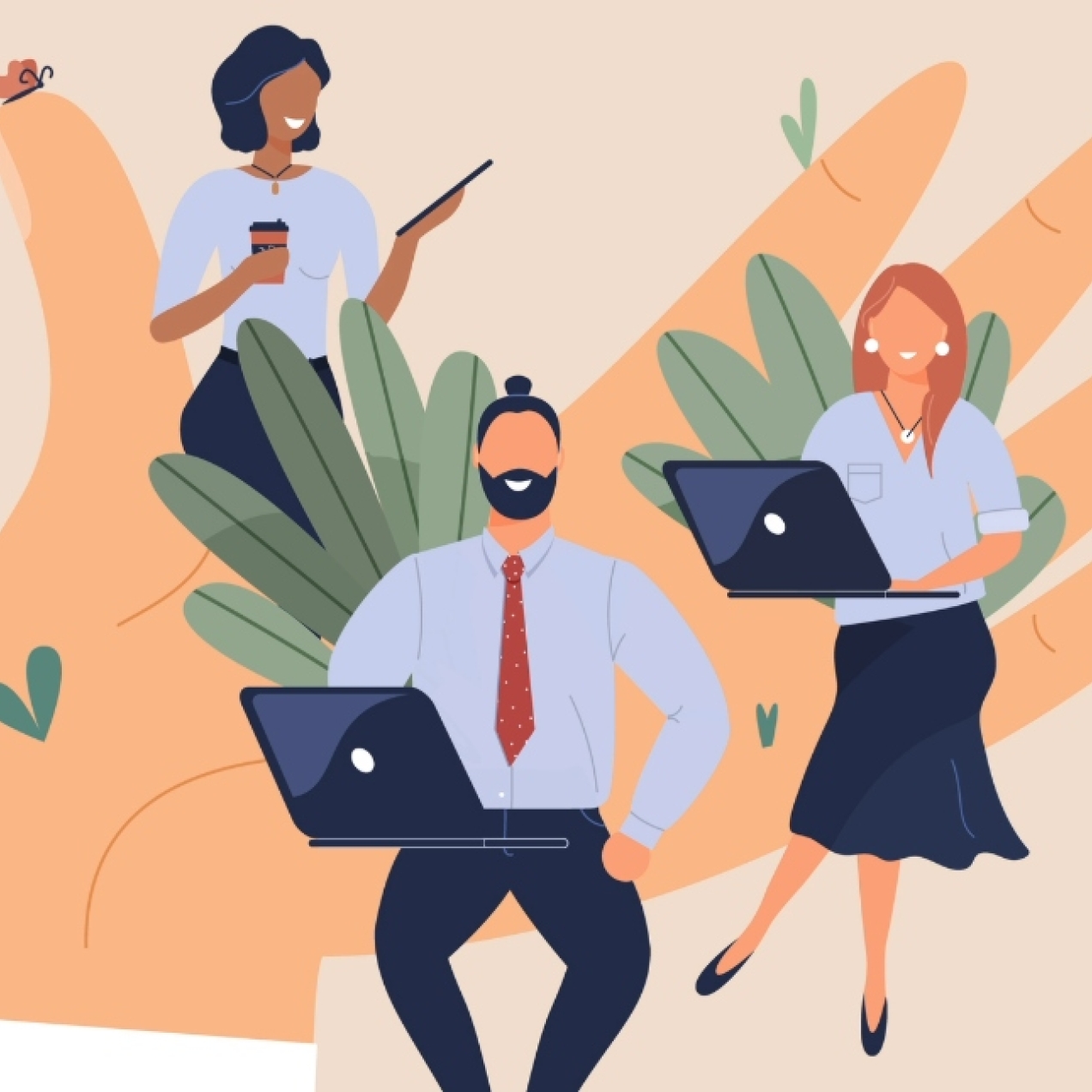 An illustration of three office workers sat on a giant hand with butterflies circling around them