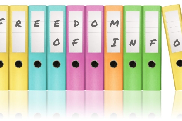 A row of ten multi-coloured ring-binder folders with the words freedom of info written across them.