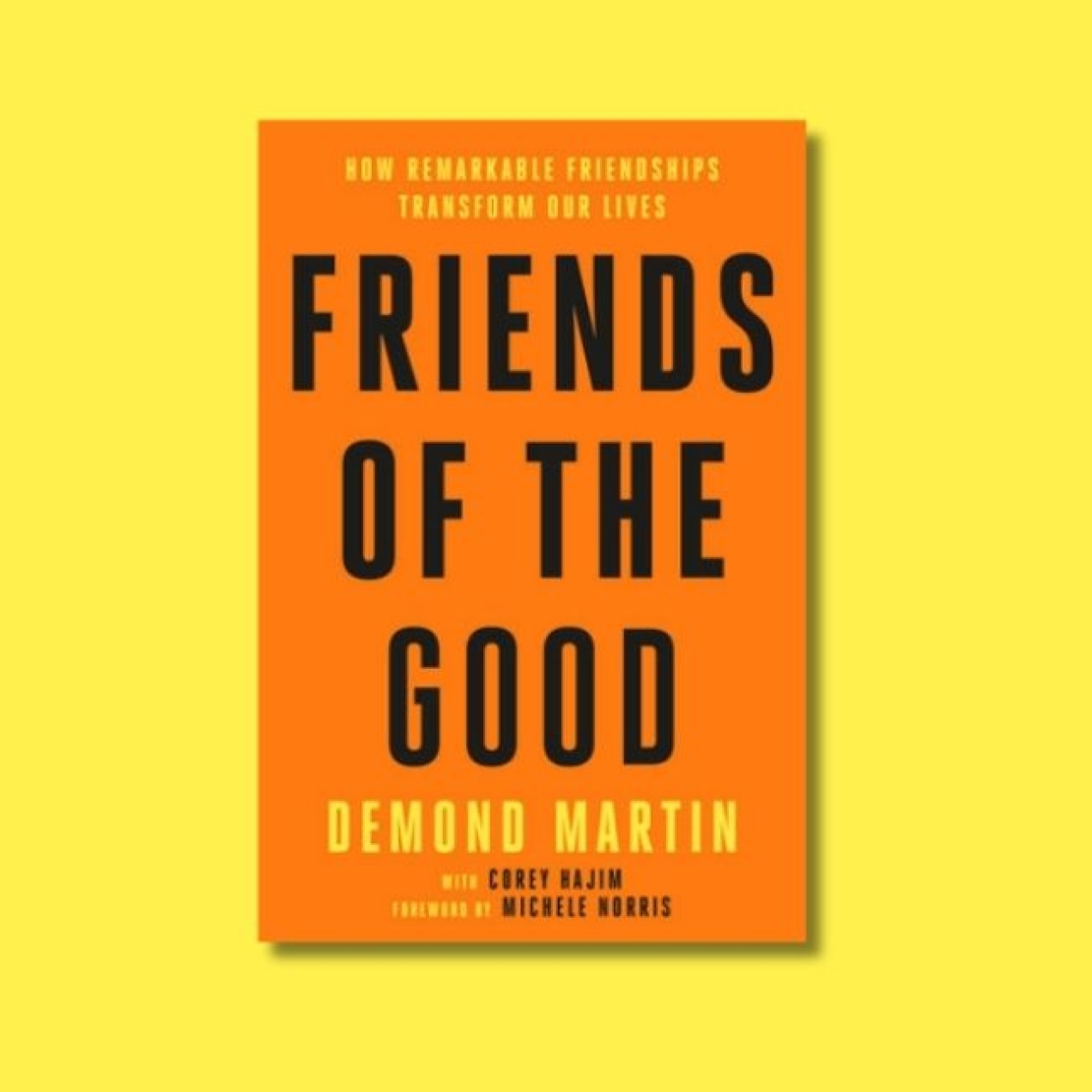 An orange book cover on a yellow background. The cover features the book's title and author in black and yellow text.