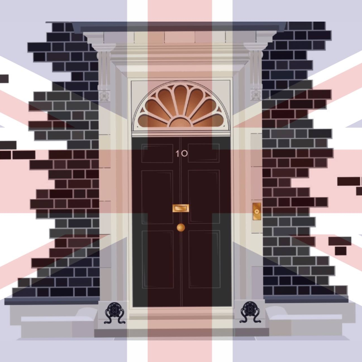 An illustration of the black door at 10 Downing Street London which includes a white surround and fantail windows above plus some dark grey brickwork. It is centred on an opaque background of the Union Jack flag
