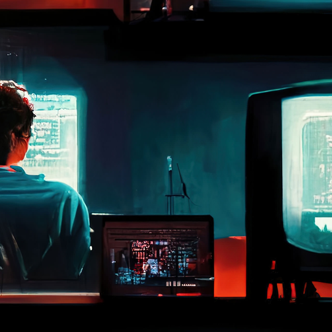 The back of person’s head as they are looking at three computer screens.