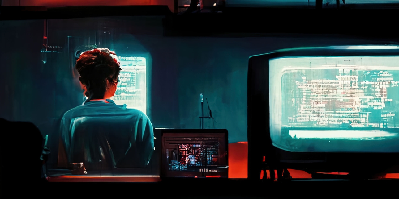 The back of person’s head as they are looking at three computer screens.