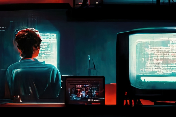 The back of person’s head as they are looking at three computer screens.